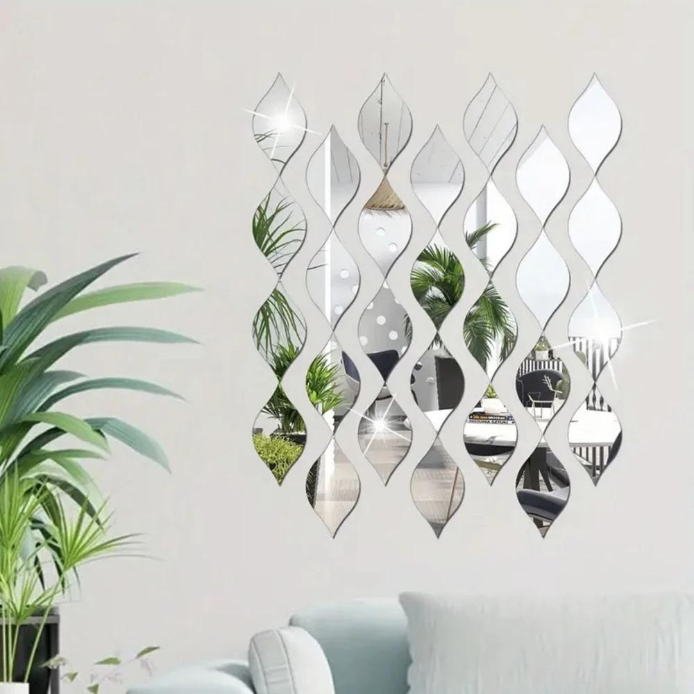 12pcs Acrylic Leaf Mirror Wall Sticker Home Decoration Water Drop Mirror Decals Self-adhesive Art Mural Living Room Wallpaper