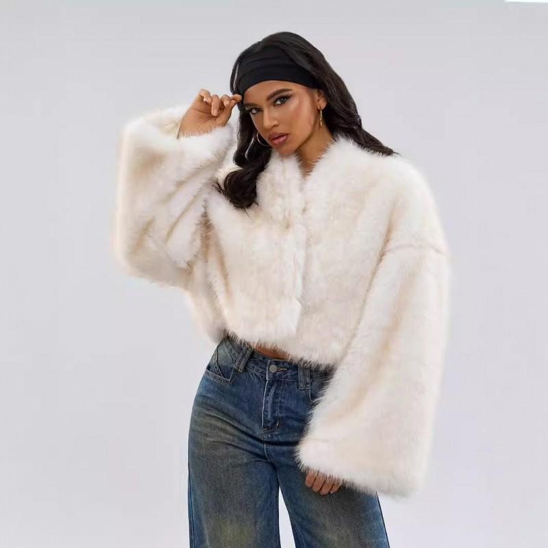Womens Short Faux Fur Jacket Vintage Unique 2-Wear Plush Coat Fall Winter