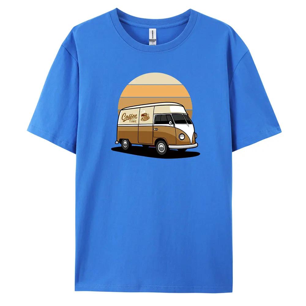 Men's Coffee Bus Pattern Printed 100% Cotton Casual Short-sleeved T-shirt, Street Trend High-quality Top
