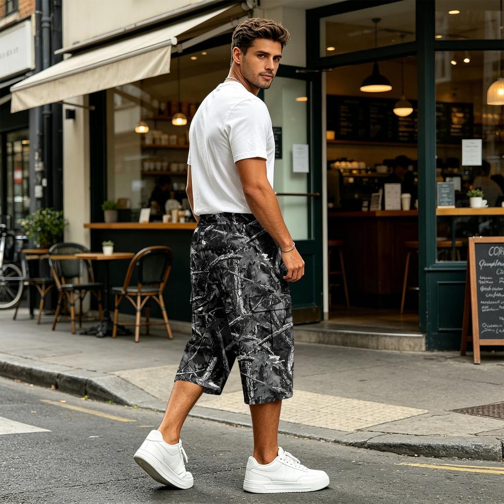 Calções Cargo Camuflados para Homem com Cintura de Cordão - Calções Casuais com Vários Bolsos para Aventuras ao Ar Livre