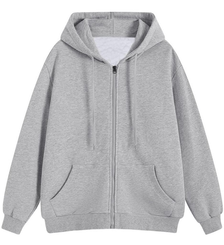 EASTEMPO Long Solid Loose Plus Sizes Women's Fall/Winter Fleece-Lined Hoodie, Sleeve, Zip-Up, Thick, Color, Fit, Stylish, (JP, Alphabet, 2XL, Gray)