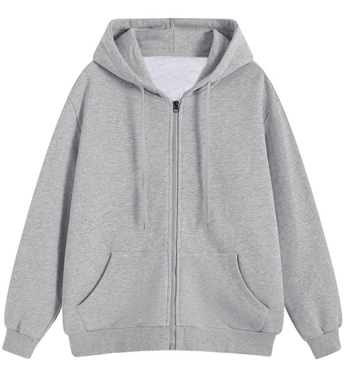 

EASTEMPO Long Solid Loose Plus Sizes Women s Fall/Winter Fleece-Lined Hoodie, Sleeve, Zip-Up, Thick, Color, Fit, Stylish, (JP, Alphabet, 2XL, Gray) серый