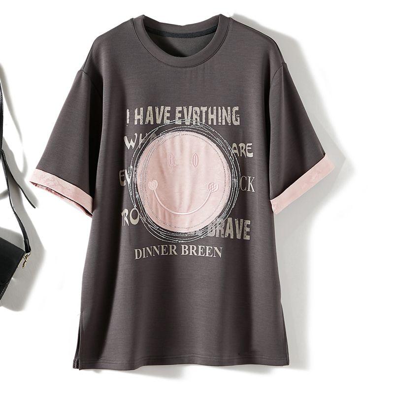 

Potbelly! Hong Kong Single Ins Women s Loose Raglan Sleeve Water Soluble Diamond Smiley Face Rolled Sleeves Mid Length Long Length T-shirt Summer Grey 3XL(Recommend around 77.50kg)