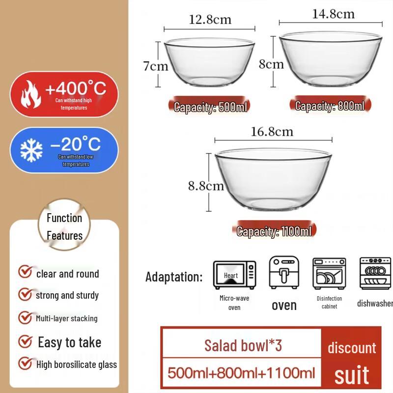 Набор из 3 жаропрочных стеклянных мисок Flavinmci