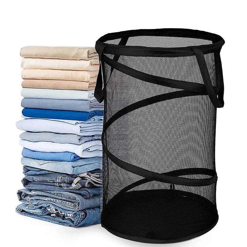 Laundry Basket Fine Mesh with Double Handle Foldable Net Dirty Clothes Storage Basket for Dormitory Bathroom Large Collapsible