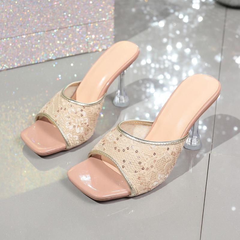 Fashion New High-heeled Shoes for Summer Wear Women's Stiletto Pointed Toe Open-toe Sequined Cloth Sandals and Slippers