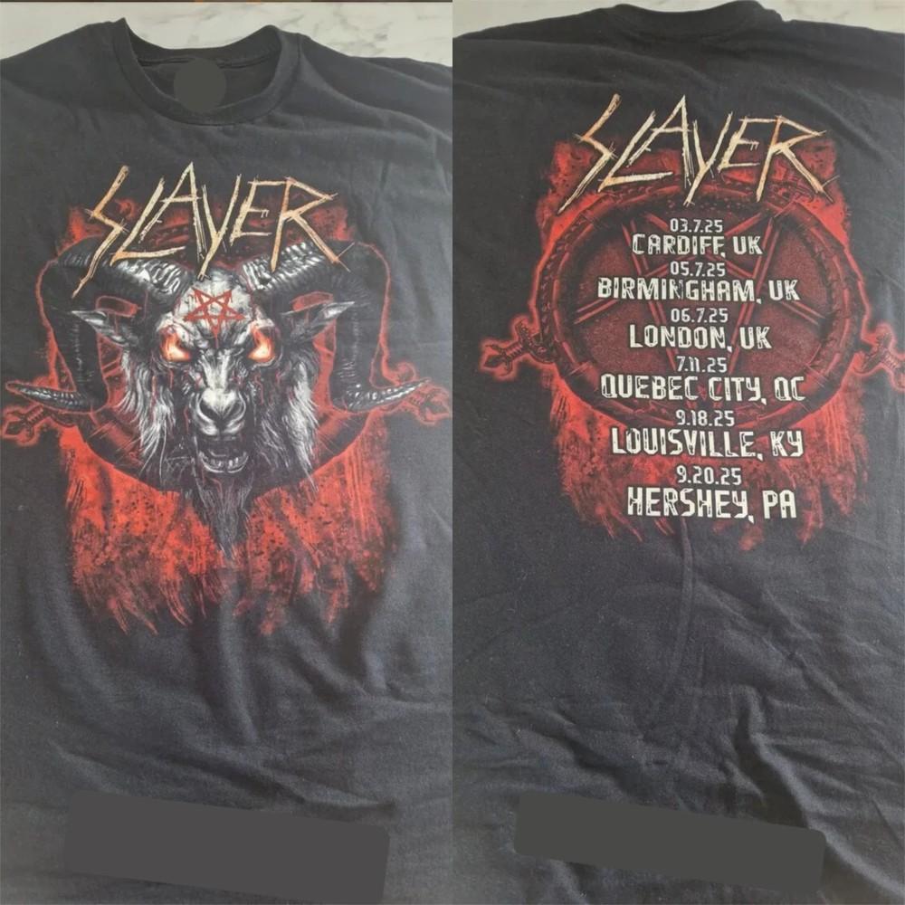 

Slayer Farewell Tour 2025 Merch Baphomet Head Art Wt Tour Dates 2 Sided T-Shirt Unisex T-Shirt M