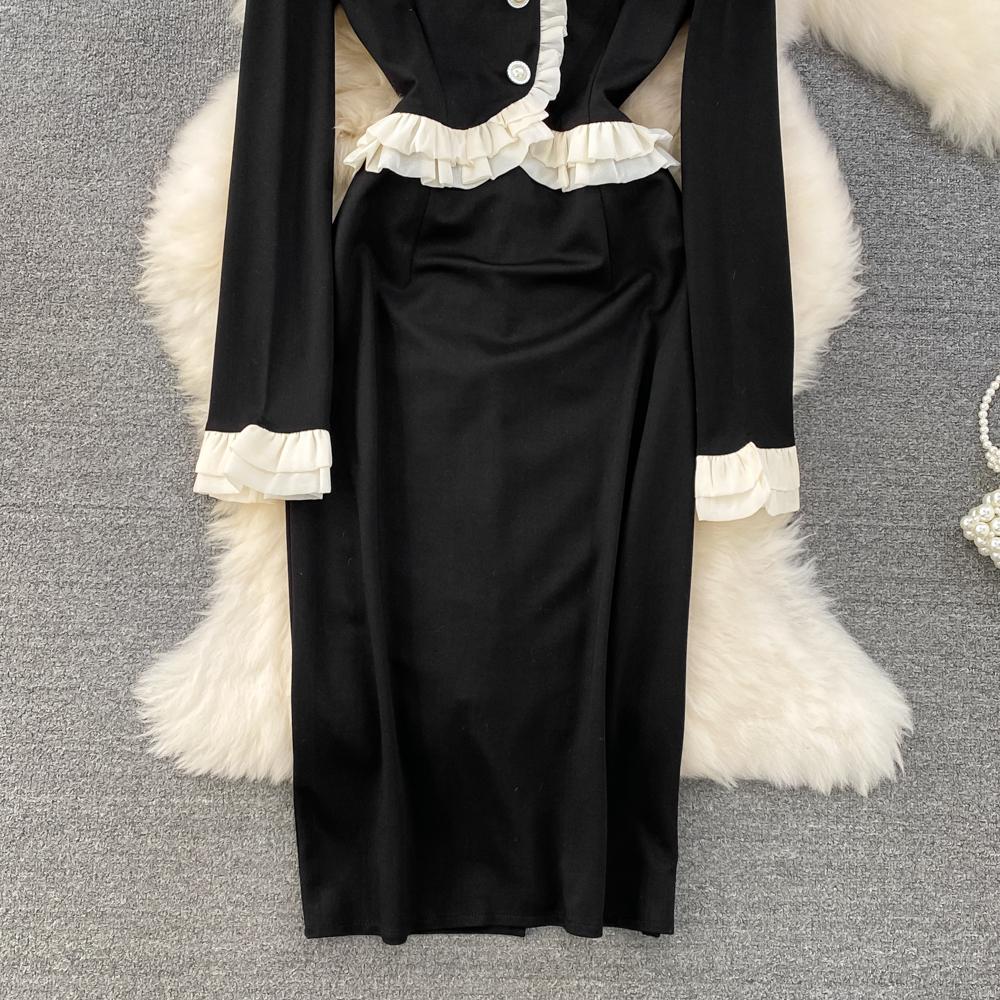 Spring Autumn Women Ruffles Patchwork Slim Bodycon Pencil Dress Fall Vintage Black Long Midi Party Dresses