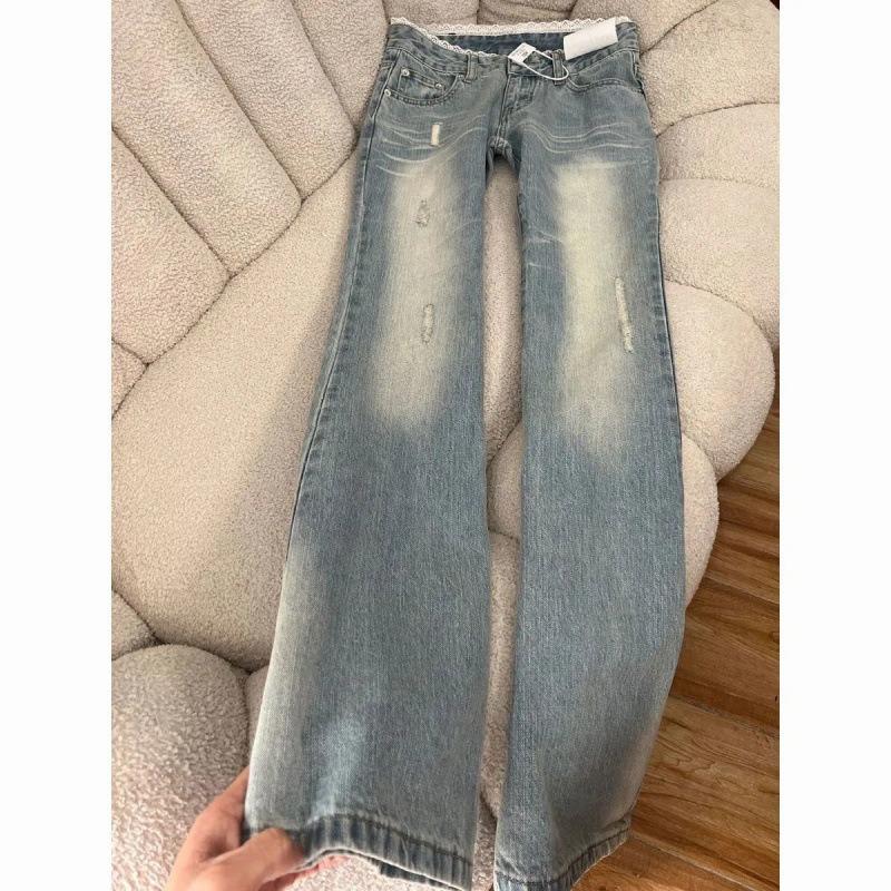 Frühling neue hellblaue Spitze Spleißung Mikro-Pull Jeans Damen gewaschene Hüftjeans dünn vielseitig lässig Schlaghosen