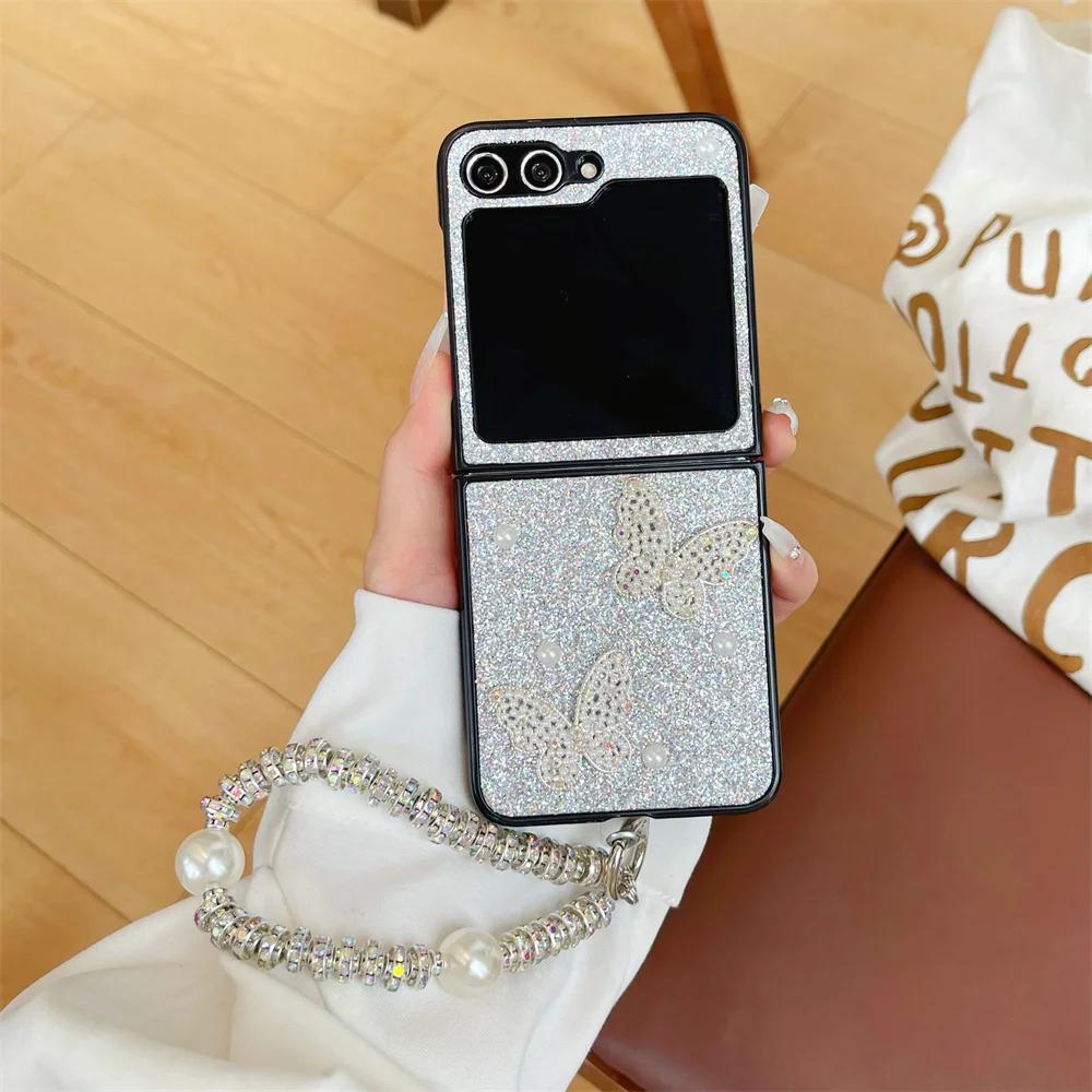 Luxury Bling Glitter 3D Butterfly Bracelet Phone Case For Samsung Galaxy Z Flip 6 5 4 3 Flip5 Flip4 Flip3 5G Wrist Chain Cover