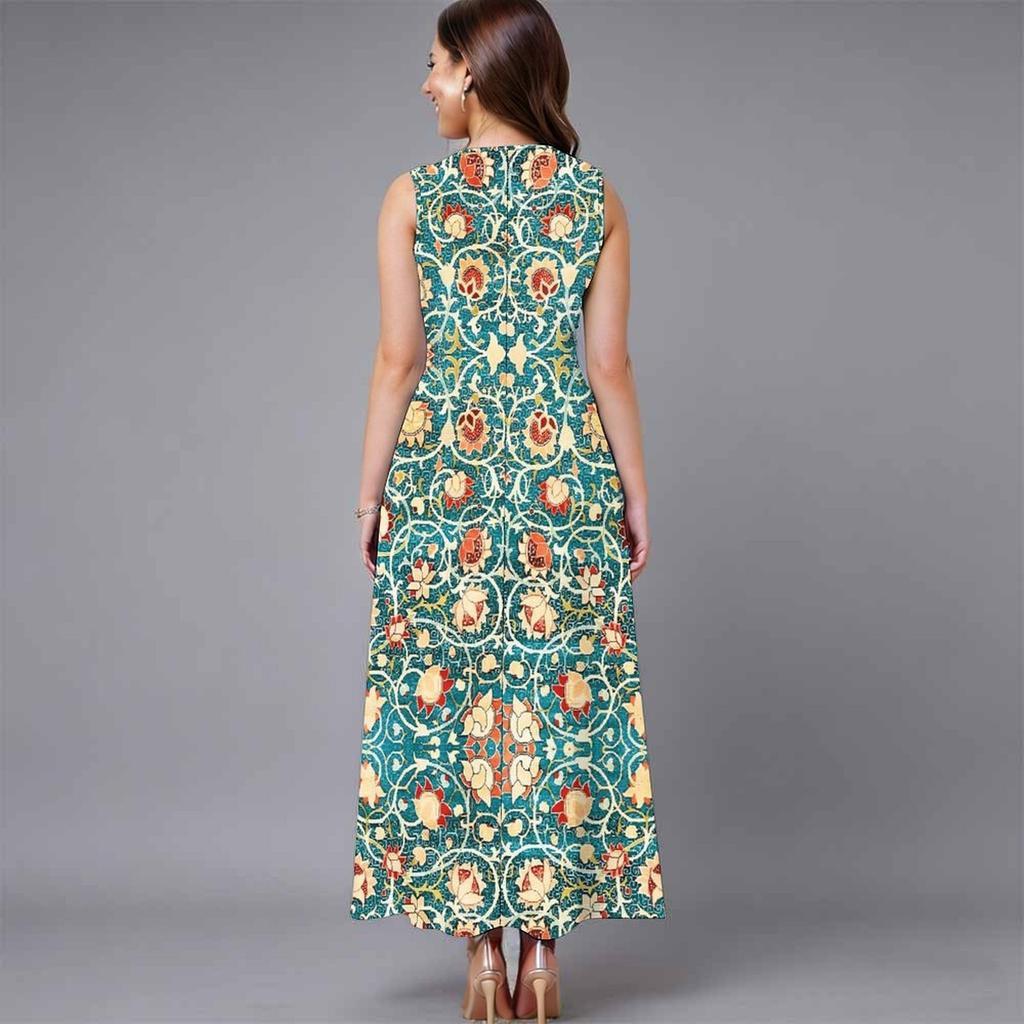 Women Plus Size Sleeveless Crew Neck Dress Bright Ditsy Botanical Flowy Mid Calf Dress
