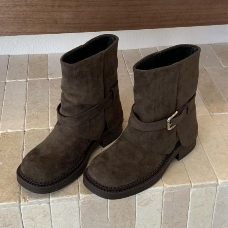 Fashion Metal Buckle Decoration Design Ankle Boots Women High Quality Retro Faux Suede Boots Comfortable Non-Slip Platform Boots