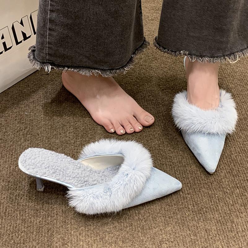 Fur Women High Heels Slippers Pointed Toe Slingback Mules Shoes Sexy Pumps 2025 Winter Designer Luxury Botines Mujeres