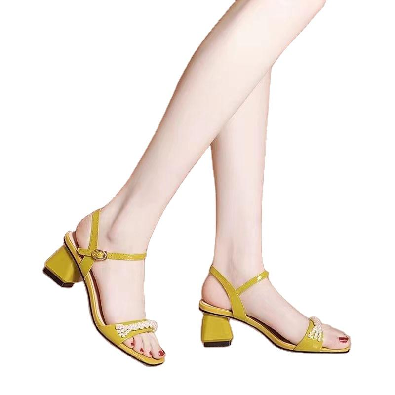 2024 Women's Elegant Open Toe Summer Casual Sandals Fashionable Thick High Heels One Line Buckle Beads Light Weight Lady's Shoes