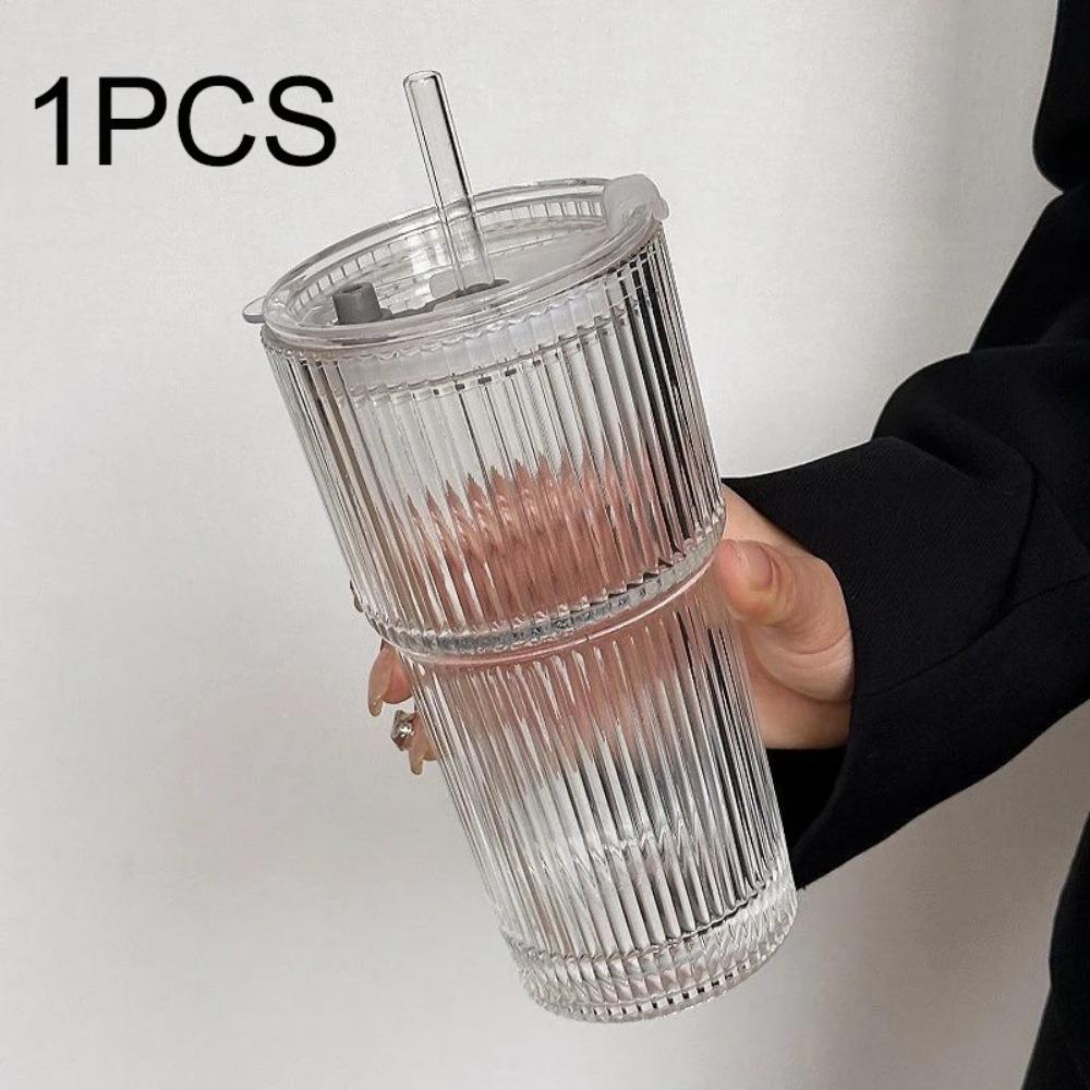 

450 мл Простая полосатая кофейная стеклянная чашка с крышкой и соломинкой Прозрачная чашка для бабл-ти, стакан для сока, чашки для молока и мокко, кружка для завтрака 401-600ml