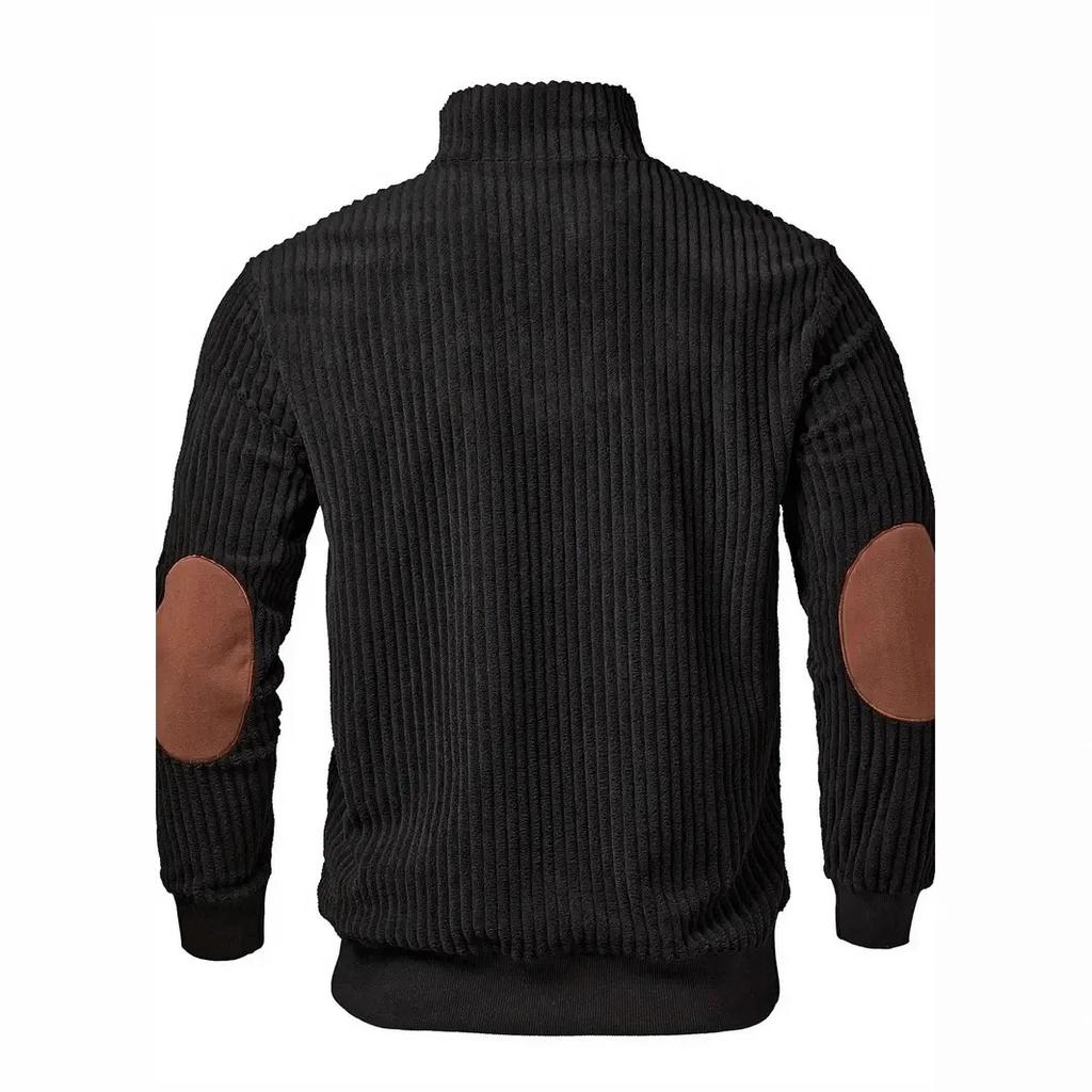 Vintage Patchwork Corduroy Sweatshirt for Men Stand Collar Casual Loose Pullover Half Zipper Hoodie Man