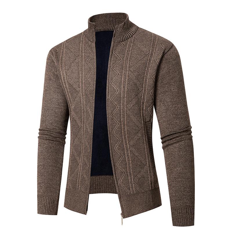 Young Casual Men Stand Collar Plus Velvet Thickened Cardigan Knitted Jacket Jacket Zipper Jacquard Knitted Thread Men