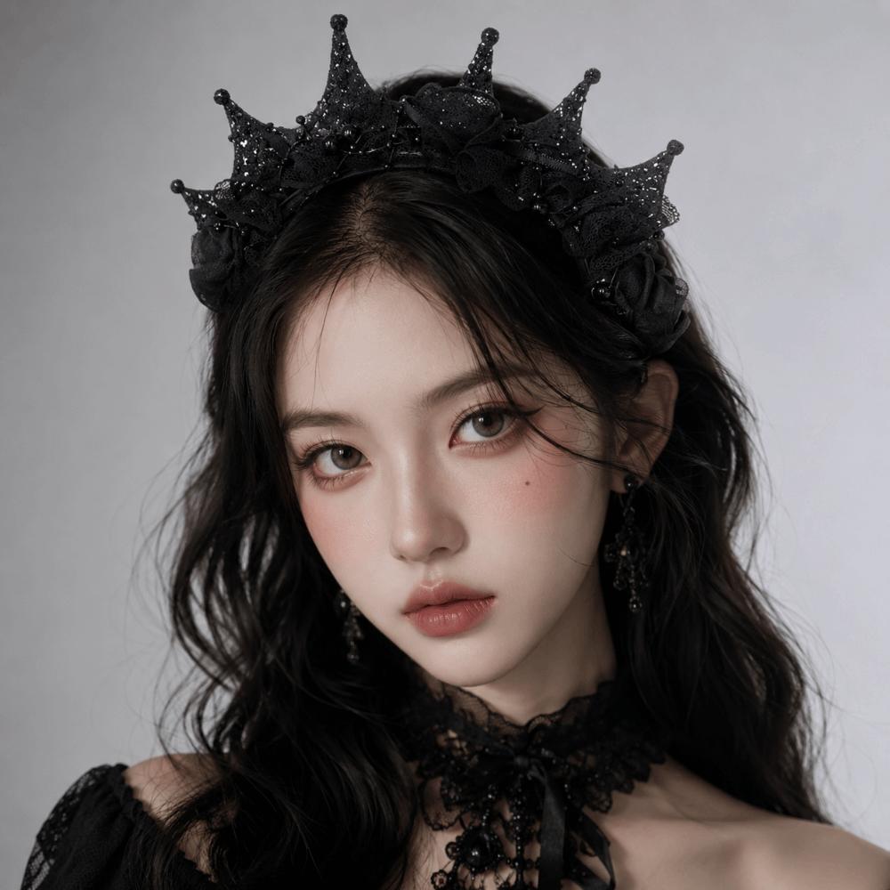 Gothic Black Rose Lace Crown Dark Style Halloween Hair Hoop Halloween Cosplay