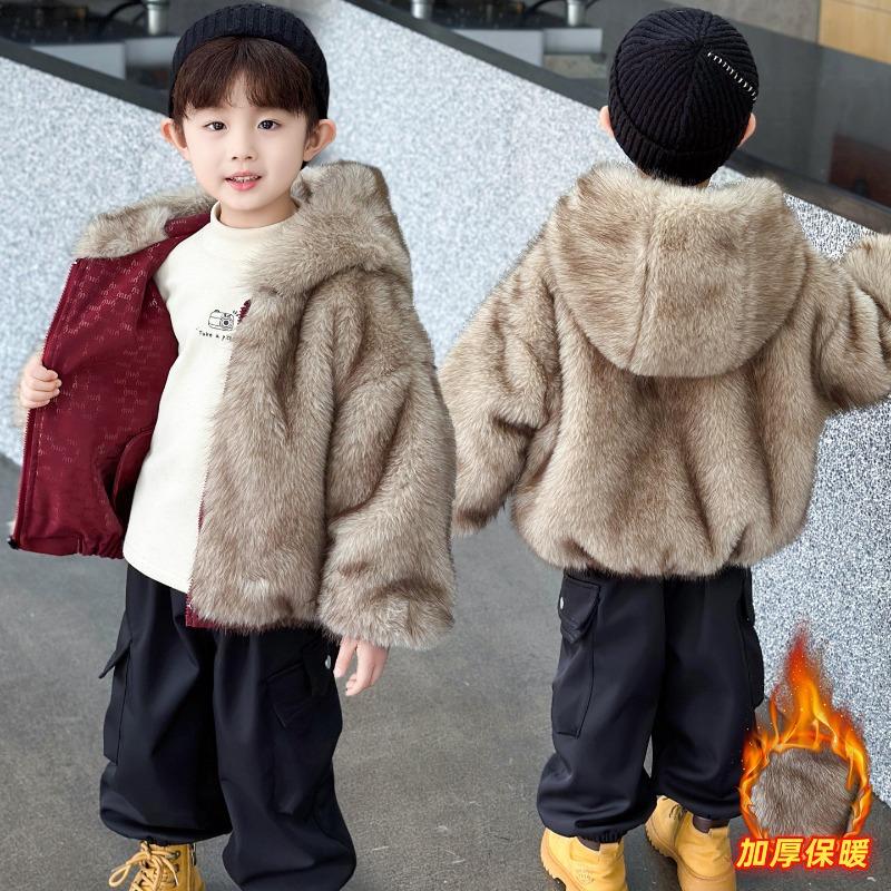 Boys' Fleece Thickened Cotton Jacket, New Autumn and Winter Children's Winter Boys Double-sided Wool Sweater