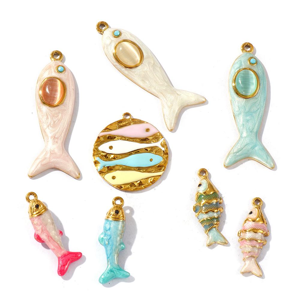 2 PCs Ocean Charms 18K Gold Plated Enamel Fish Shaped 304 Stainless Steel Pendant For DIY Necklace Jewelry Making Findings