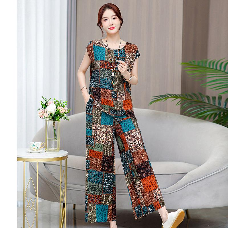

Летние комплекты брюк больших размеров для женщин, элегантные свободные винтажные комплекты из 2 предметов с принтом 5XL