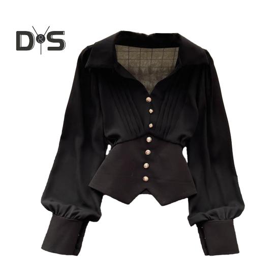 Women French Style Shirt Lapel V Neck Puff Long Sleeve Shirt Buttons Decor Irregular Hem Solid Color Tops