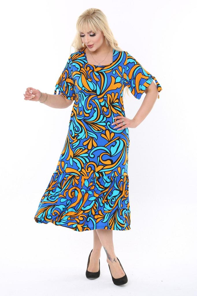 Women's Big Size Dress Plus Size Sleeves Rope Tie Turquoise Jungle Pattern Dress