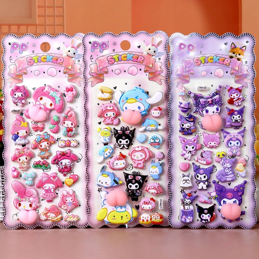 3pcs Cartoon Sanrio Butt Stickers Cute My Melody Kuromi Cinnamoroll 3d Relief Sticker Pinchable Decompression Toys Decals Gifts