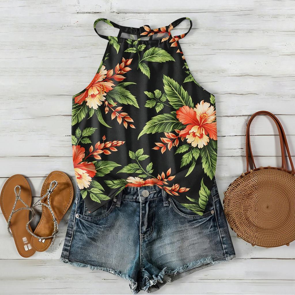 Damen Boho Blumenmuster Ärmelloses Tanktop Sommerlich Lässig Strandkleidung Leicht Locker Sitzende Bluse mit Verstellbaren Trägern