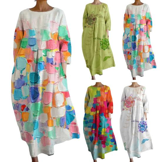 Summer Women Maxi Dress Colorful Printing Three Quarter Sleeve Round Neck Loose A-line Big Hem Side Pockets Vacation Daily Wear Long Dress