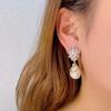 Fashion flower zircon dangle earrings with faux pearl pendant. Luxury bridal style for wedding and banquet occasions.