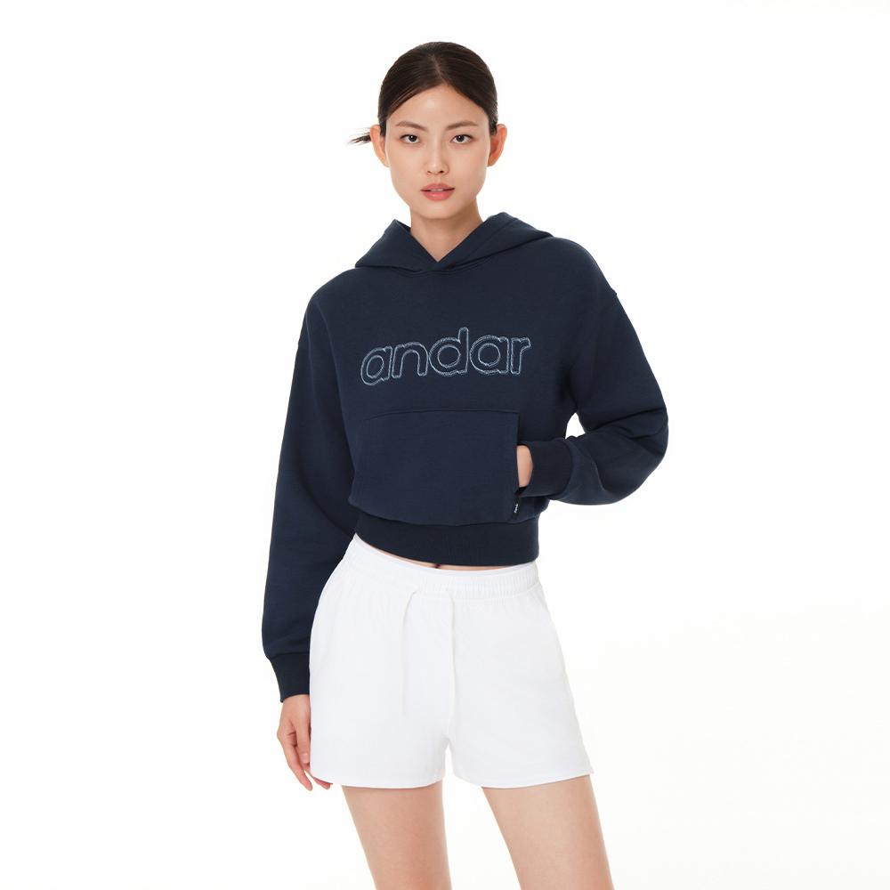 Andar Signature Embroidered Logo Crop Hoodie Navy [Anfhd-33Nav]/Xs