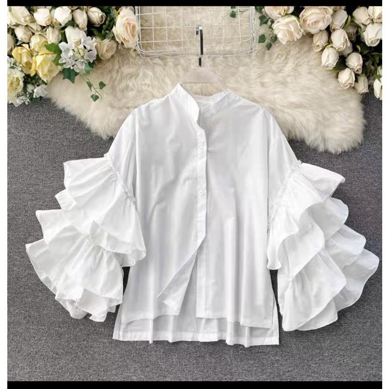 Stylish Shirt Women's Multi-layer Ruffle Edge Horn Sleeve Loose Versatile Small Stand-up Collar
