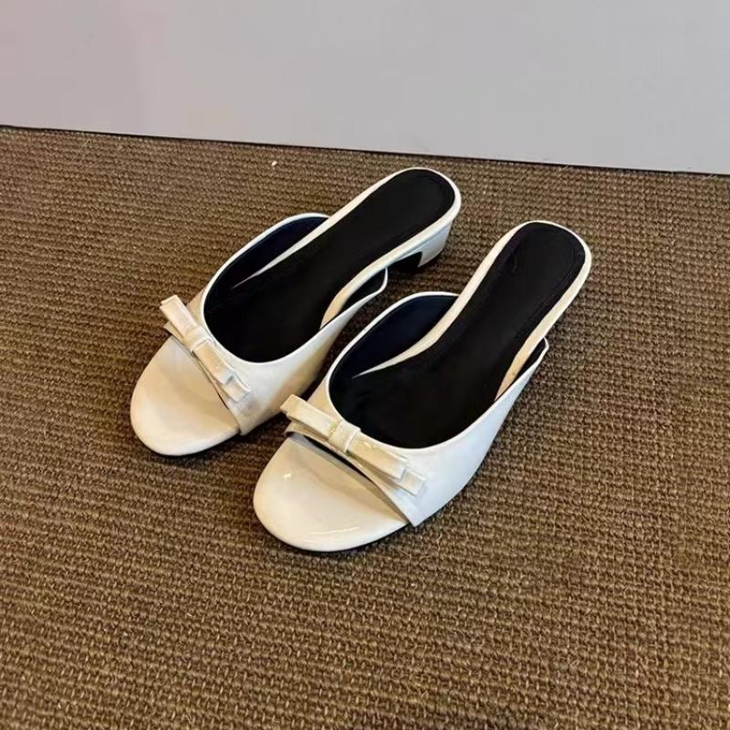 Fashion New Women's Summer Patent Leather Butterfly-knot Slippers Street Style Square Toe Dress Shoes Outdoor Ladies Thick Heel Slides