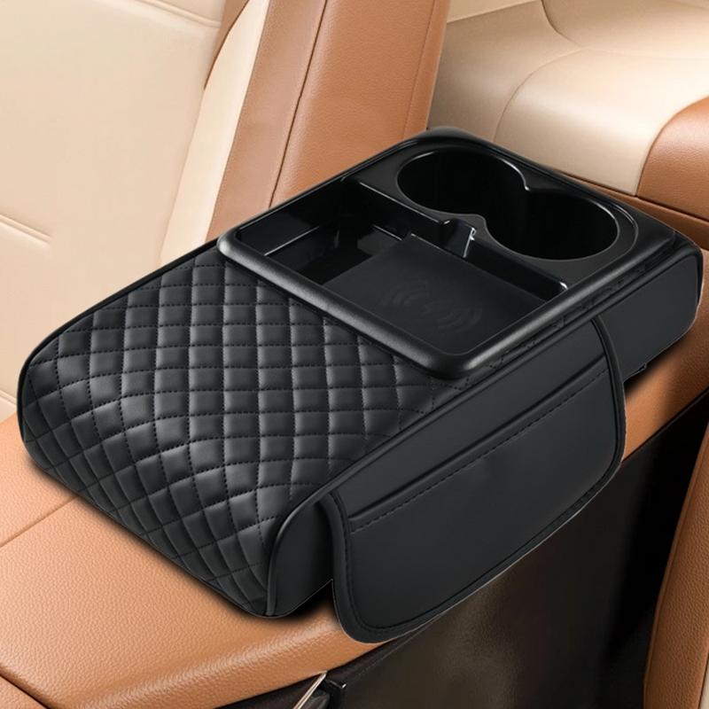 Car Armrest Mat Center Console Arm Rest Protect Cushion With Wireless Charging Phone Holder Cup Holder For Water Bottle Drinks