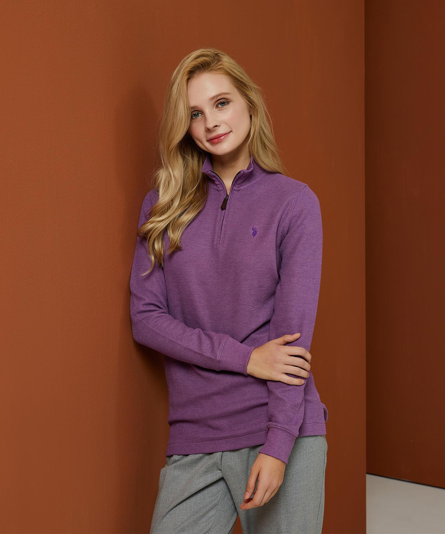 Us Polo Assn White Label Cotton French Rib Half-Zip Mock Neck_Melange Purple Melange Purple/95