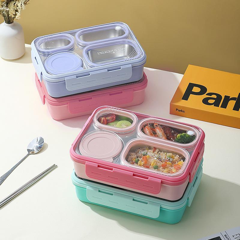 Leak-Proof Stainless Steel Square Lunch Box with Four Compartments: Portable, Multi-Functional, Ideal for Work or School, Customizable Logo