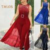 Damen Jumpsuit mit Strass-Schnallendekor, Mesh-Patchwork, plissiert, hohe Taille, ärmellos, reine Farbe, für formelle Anlässe, Party, Abschlussball