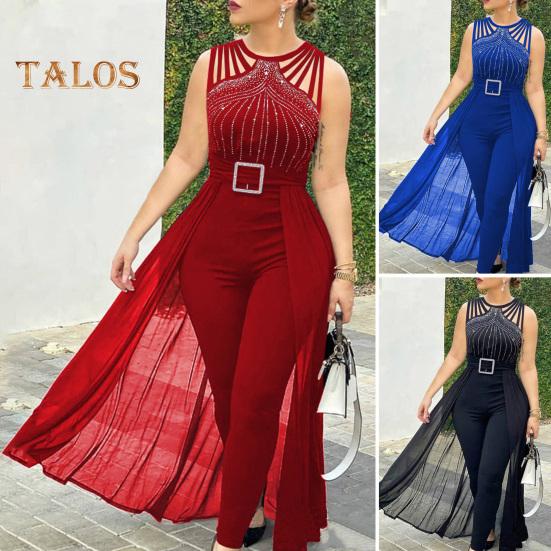 Damen Jumpsuit mit Strass-Schnallendekor, Mesh-Patchwork, plissiert, hohe Taille, ärmellos, reine Farbe, für formelle Anlässe, Party, Abschlussball