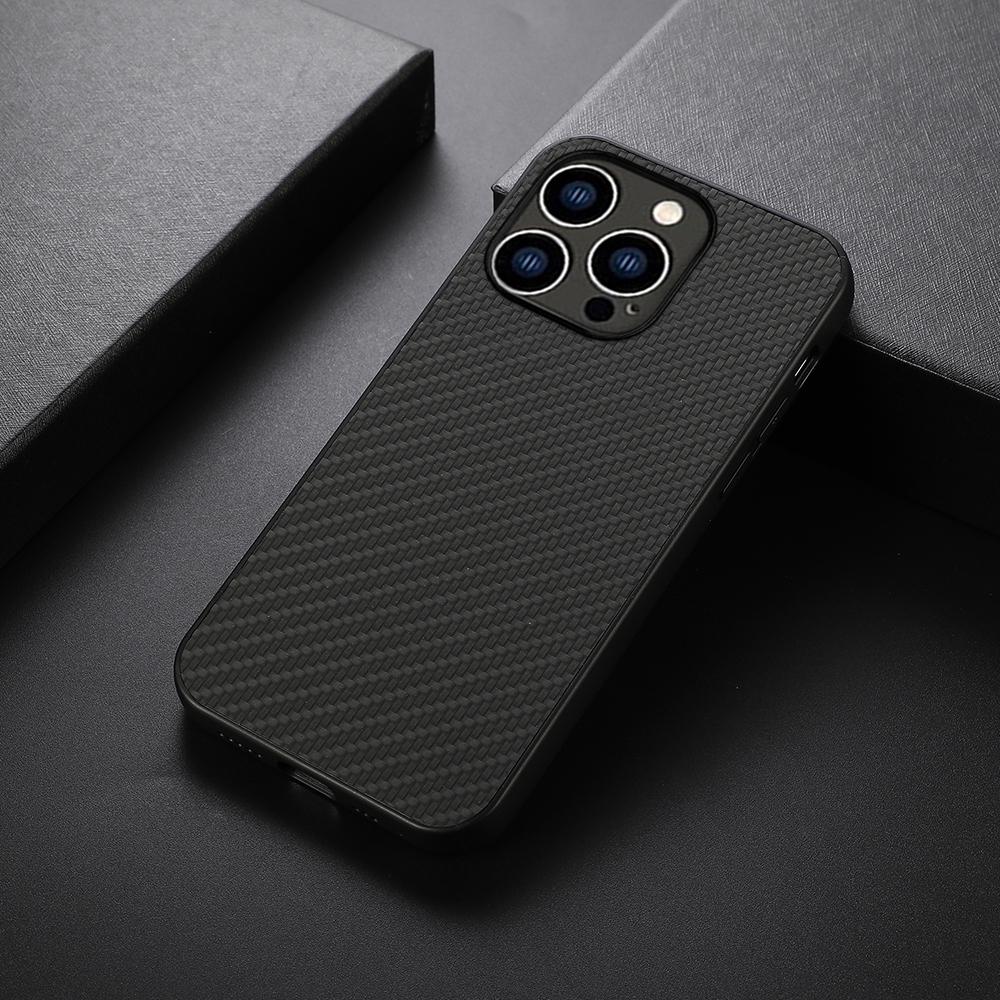 For iPhone 15 Pro Max Carbon Fiber Texture Anti-scratch Cover Leather Coated TPU Phone Case