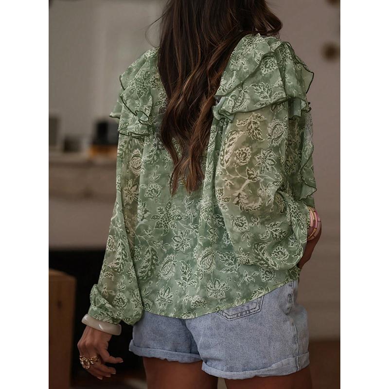 New Arrival Women's Botanical Print Off-Shoulder V-Neck Long-Sleeved Patchwork Ruffled Oversized Shirt