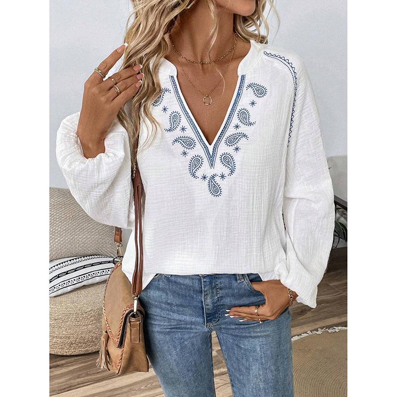 Women's Blouses Spring Fall New Style Fashion Design V-neck Embroidered Cotton Top Women Loose Casual Shirts Clothing