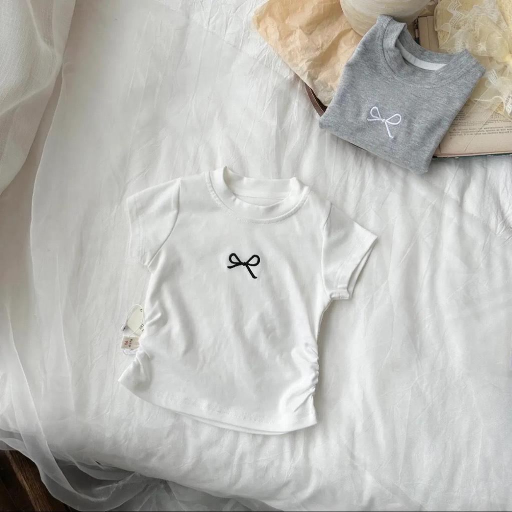 Girls' Slim-Fit Cotton T-Shirt with Embroidered Bow - Princess Style Korean Fashion Top