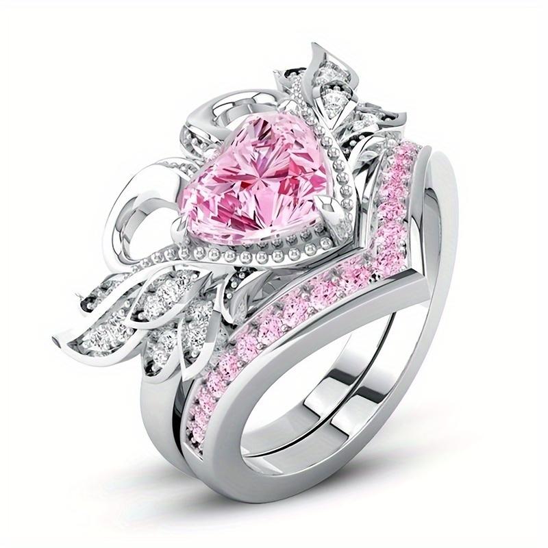 Elegant 2-Piece Set Silver and Pink Heart-Shaped Swan Cubic Zirconia Ring Eternal Love Symbol Promise Ring Set Size-5