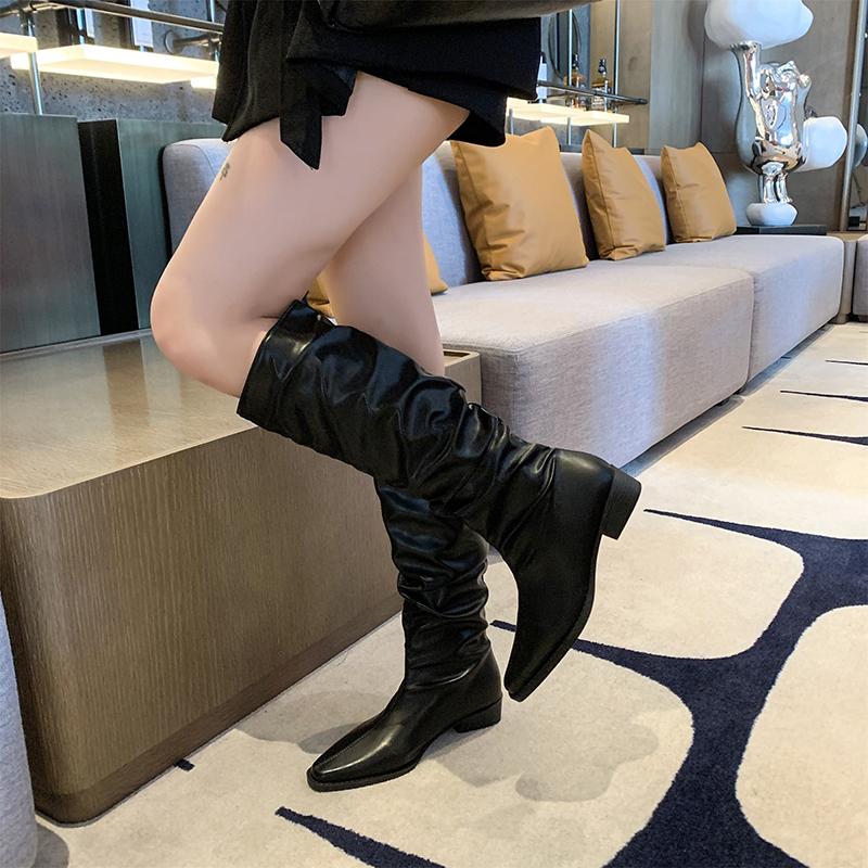 New Style Women Knee High Boots Autumn Winter Female Shoes Female Slip-on Folds Low Heel Round Toe Flat Long Boots Boots