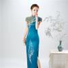 Catwalk Cheongsam 1011 New Sky Blue Three-dimensional Embroidery Large Size Stage Performance Cheongsam Slim Chinese Style Autumn