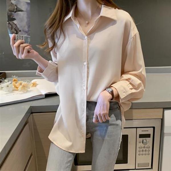 

Women s White Shirt Long Sleeved Chiffon Top Shirt Loose Retro Hong Kong Style Shirt 3XL абрикосовий