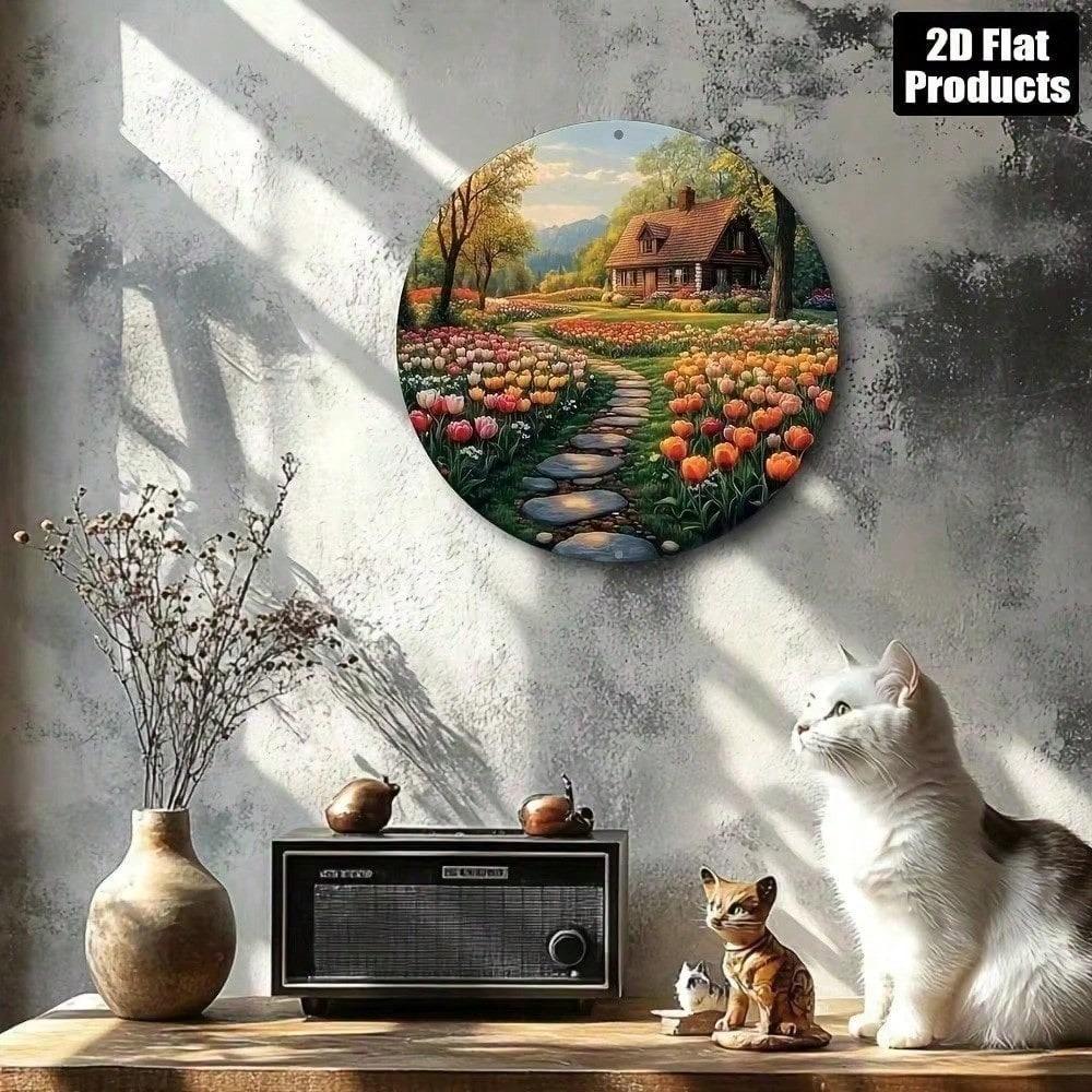 Vintage Metal Tulip Wall Art Round Decor for Home Kitchen Aluminum Plate