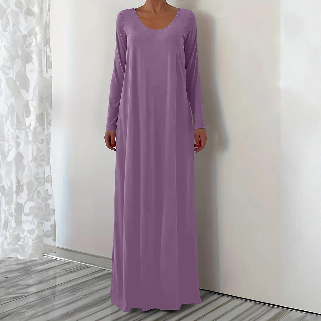 Damen Modisches Einfarbiges V-Ausschnitt Langarm Lässiges Locker Sitzendes Überziehkleid Lang