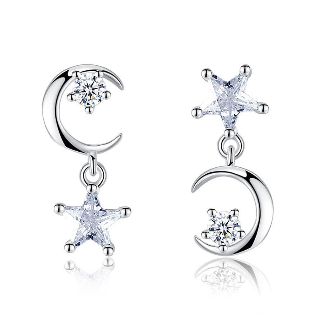 Unbalanced S925 Aaa Grade Star Moon White Silver Needle Earrings